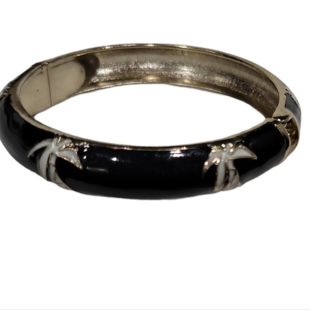 Black Hinge Cuff Bracelet With Palm Tree Design